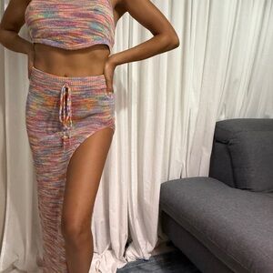 SHEIN Pink and Orange Maxi Skirt Set with Cut Out and Ruched Details